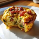 A close-up photo of a savory egg muffin topped with crispy bacon, showing the fluffy interior texture.