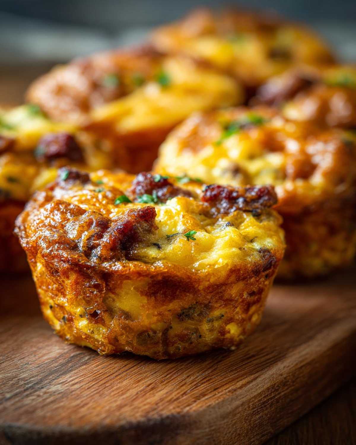Close-up of a perfectly baked, golden brown egg muffin topped with sausage bits and herbs.