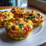 Close-up of four savory Egg Muffin Cups filled with spinach, red peppers, and cheese on a white plate.