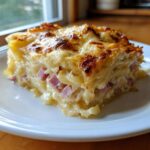 A square serving of creamy scalloped potatoes and ham layered bake with a golden, bubbly cheese crust.