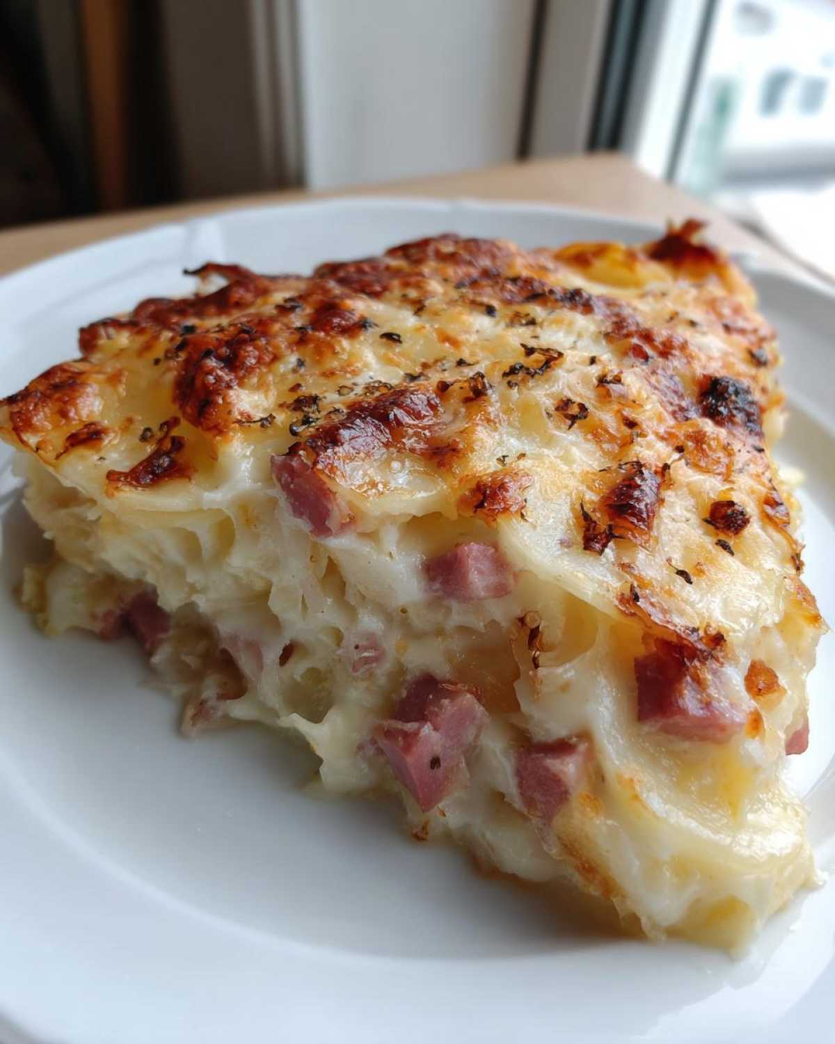 A thick slice of creamy scalloped potatoes and ham casserole with a bubbly, browned cheese topping.