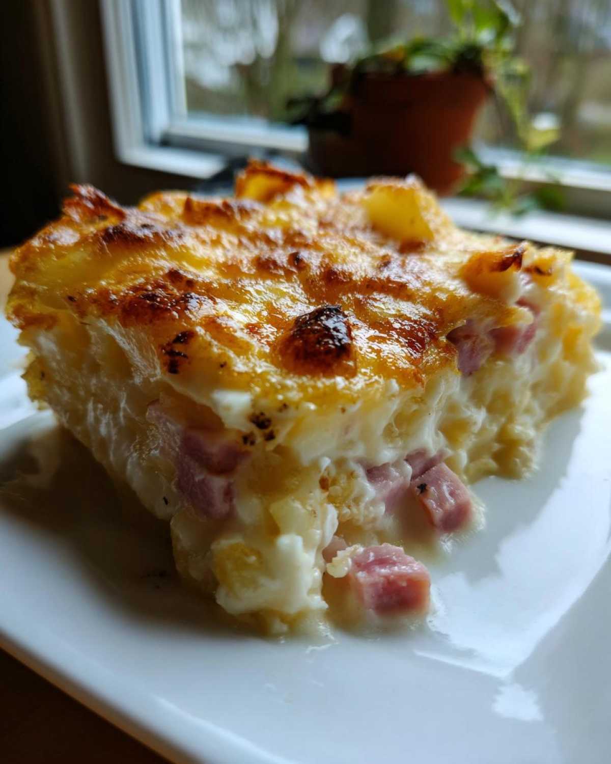 A close-up slice of creamy scalloped potatoes and ham with a golden-brown, cheesy crust.