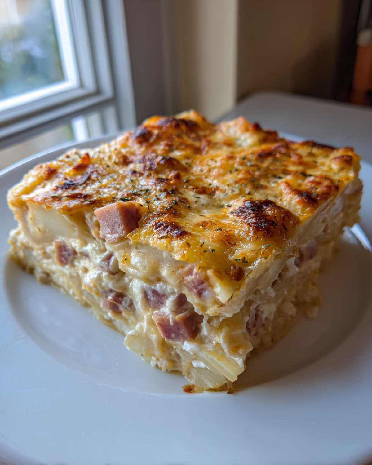 A thick, layered slice of scalloped potatoes and ham baked in a creamy sauce with a golden, bubbly cheese topping.