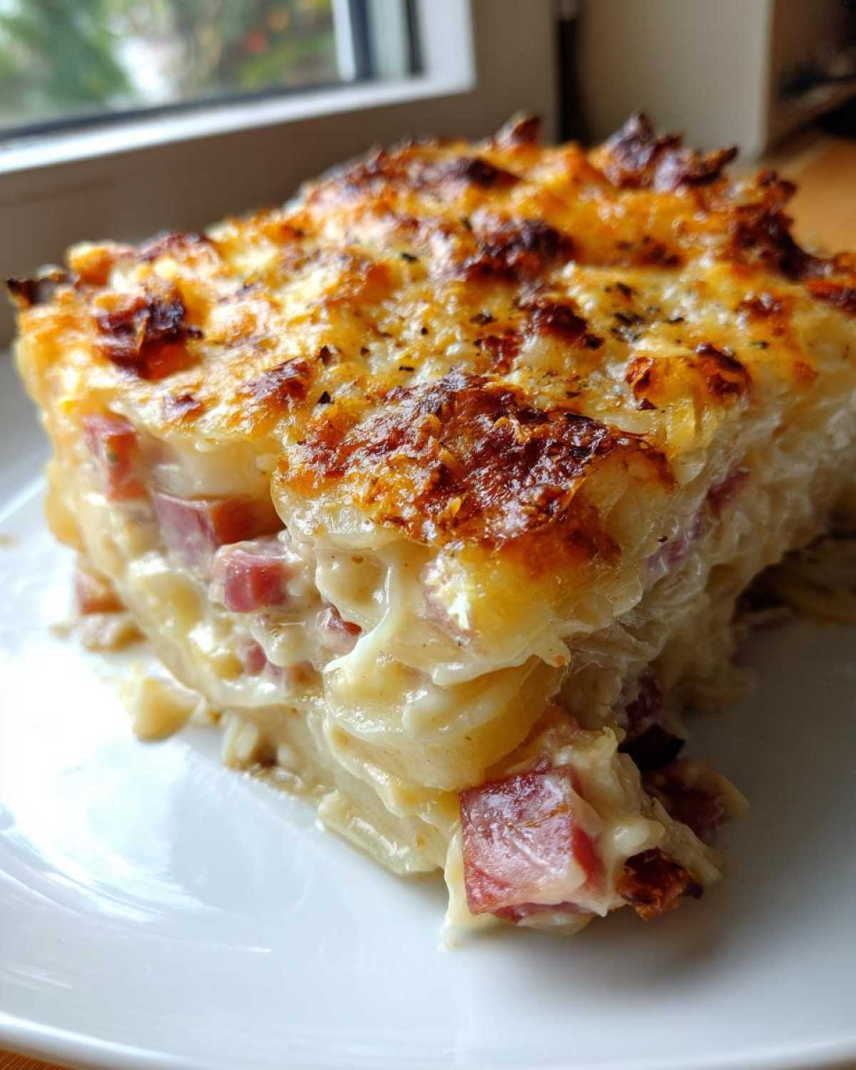 Close-up of a generous slice of scalloped potatoes and ham, featuring creamy layers and a golden, bubbly cheese crust.