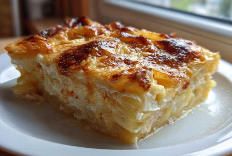 A thick, golden-brown slice of cheesy scalloped potatoes and ham served on a white plate.