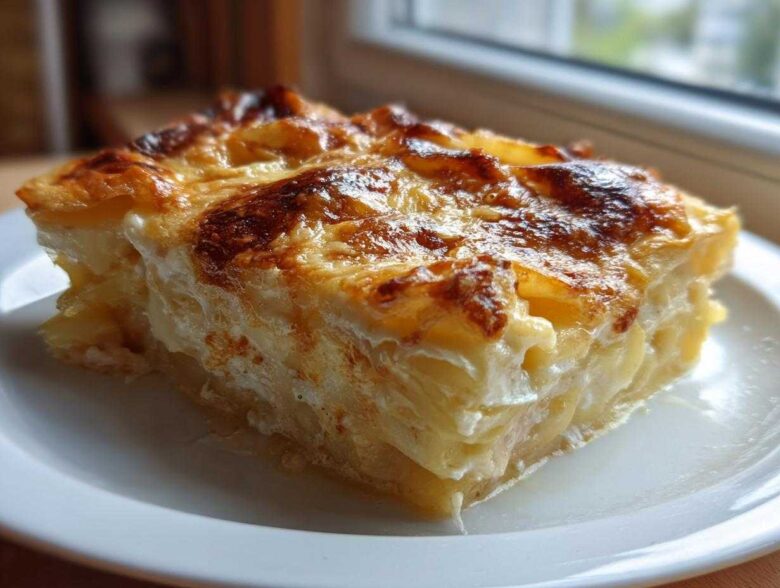 A thick, golden-brown slice of cheesy scalloped potatoes and ham served on a white plate.