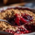 Close-up of a spoonful of bubbling, juicy sour cherry crisp, showing the fruit filling and oat topping.