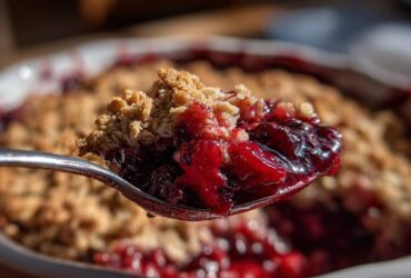 Close-up of a spoonful of bubbling, juicy sour cherry crisp, showing the fruit filling and oat topping.