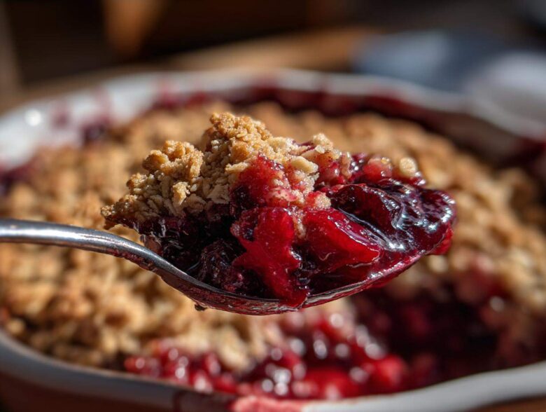 Close-up of a spoonful of bubbling, juicy sour cherry crisp, showing the fruit filling and oat topping.