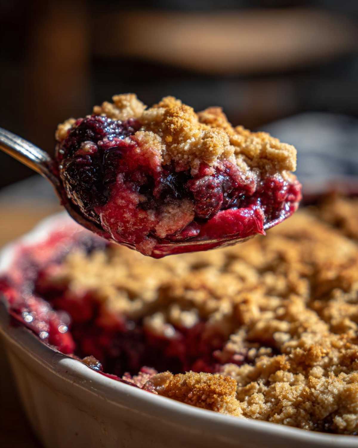 A spoonful of warm, bubbling sour cherry crisp being lifted from a white dish, showing juicy fruit and golden topping.