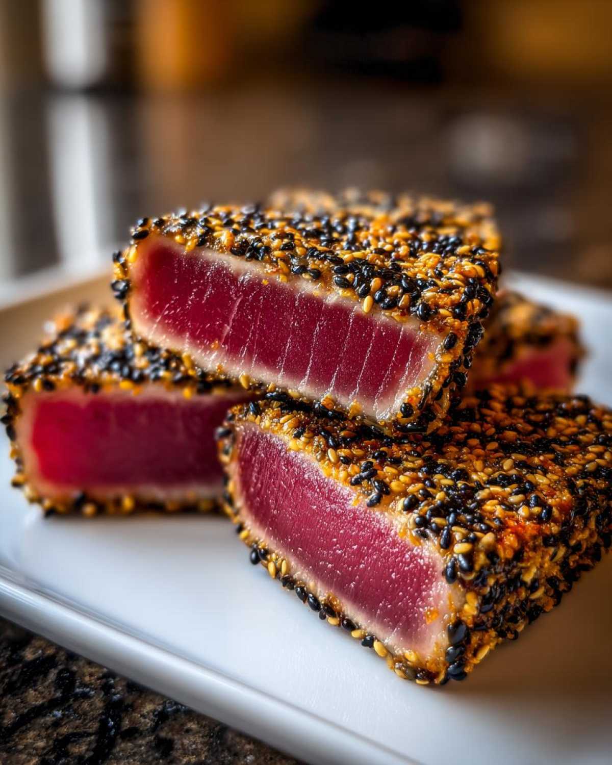 Close-up of perfectly seared ahi tuna steaks crusted with black and white sesame seeds, showing bright pink rare centers.