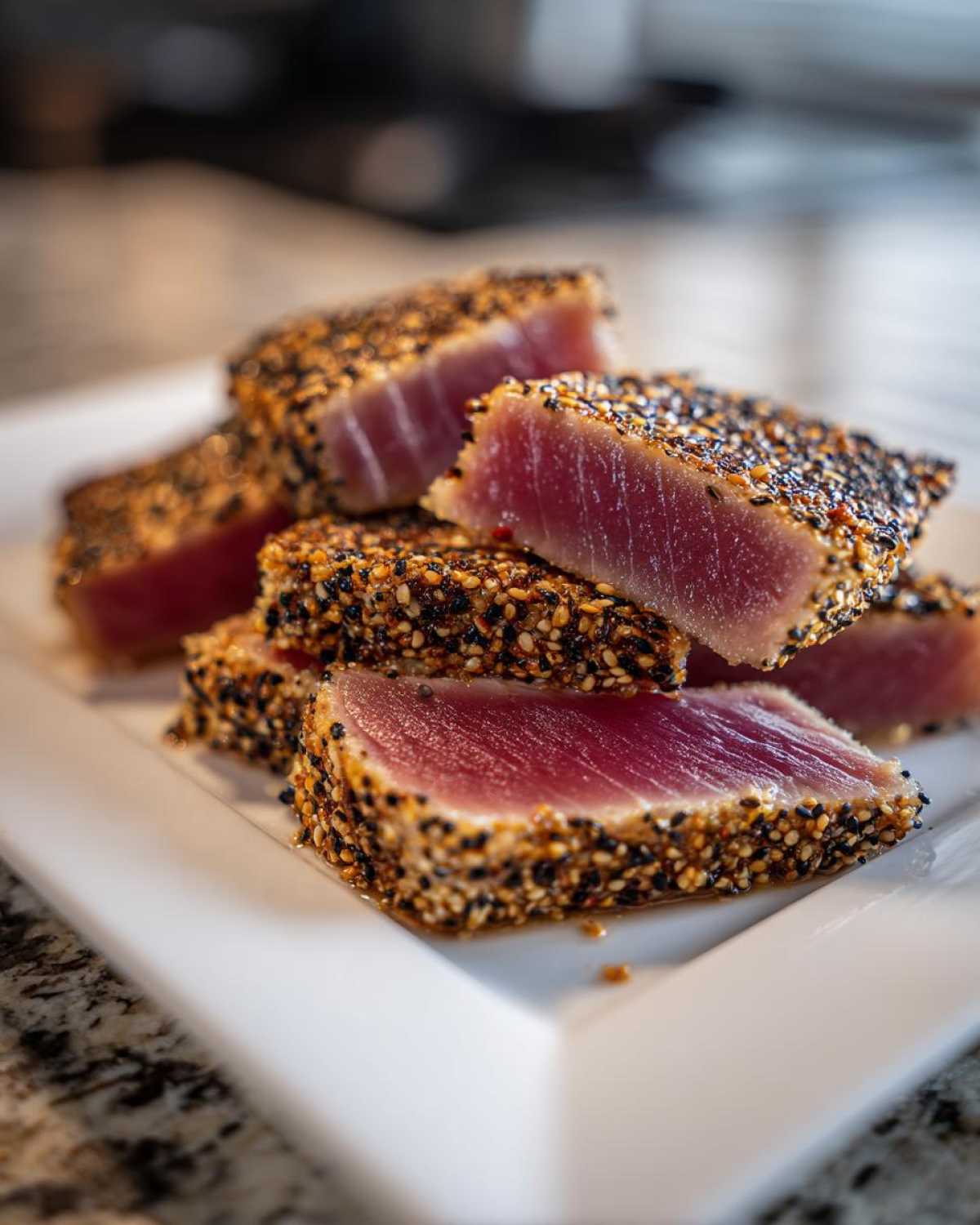 Close-up of perfectly cooked Seared Ahi Tuna steaks crusted with black and white sesame seeds.