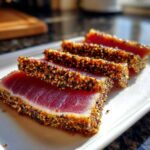 Four thick slices of perfectly seared ahi tuna, crusted with sesame seeds, resting on a white plate.