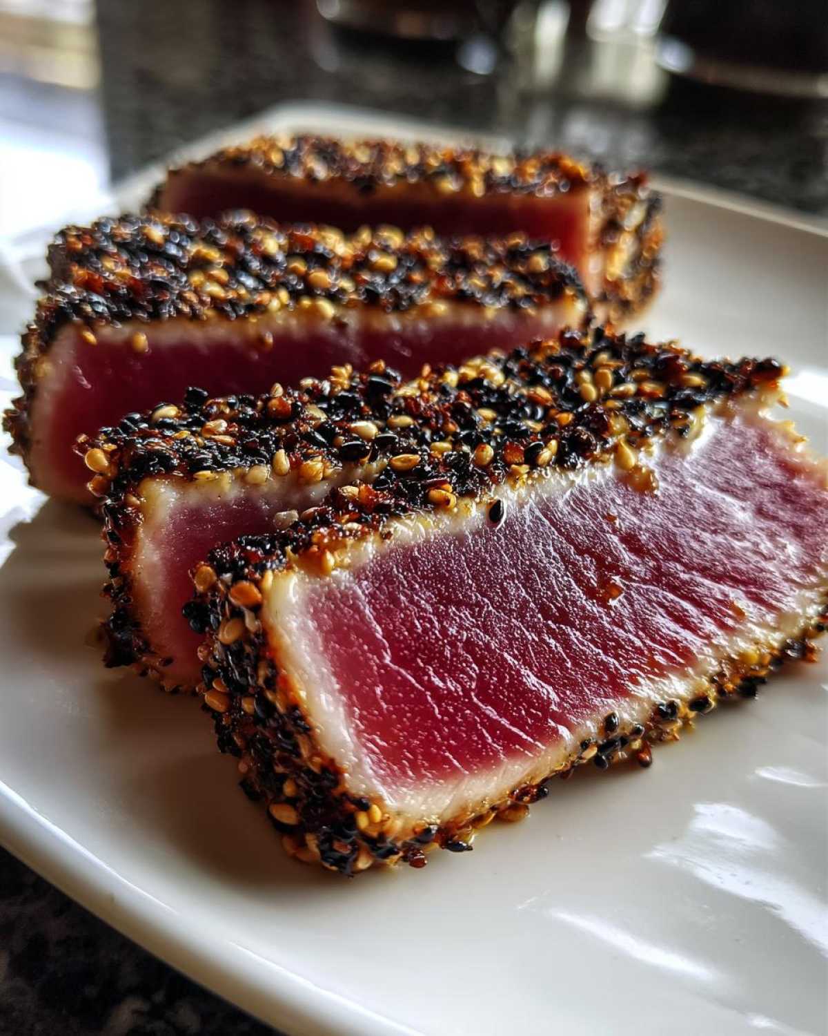 Close-up of three slices of perfectly Seared Ahi Tuna, featuring a dark sesame seed crust and rare red center.