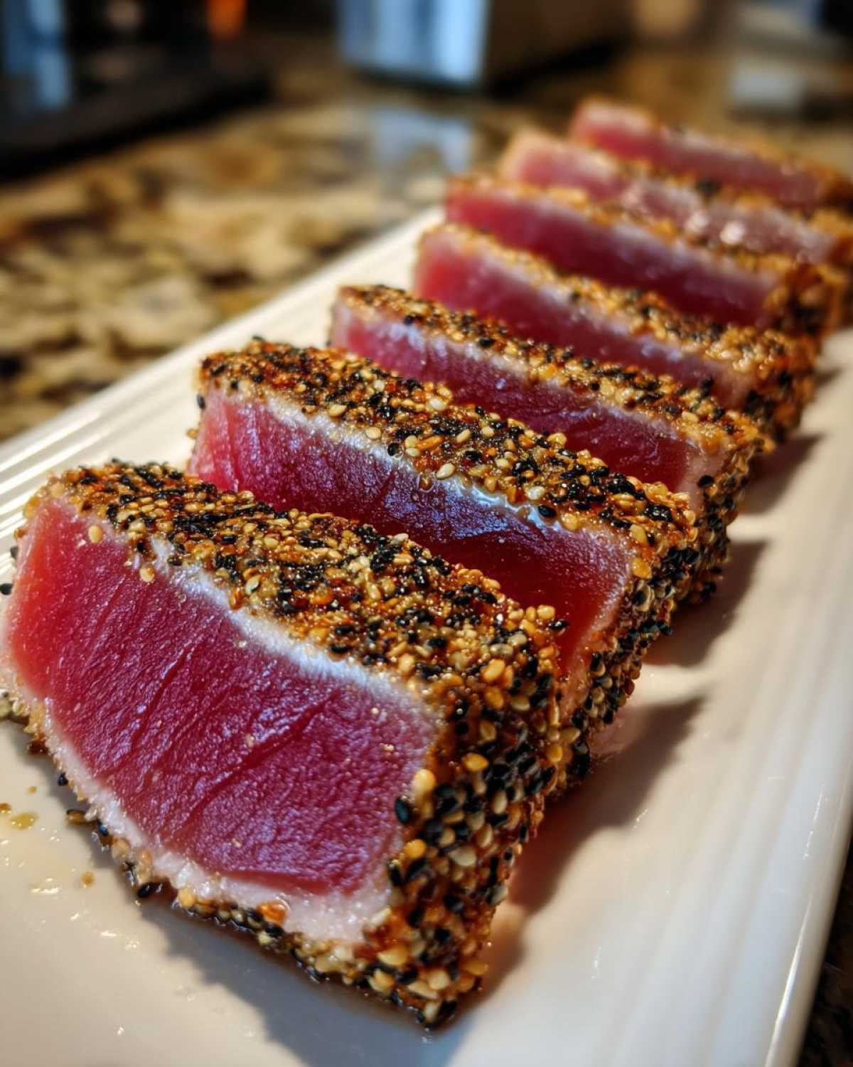 Close-up of perfectly seared ahi tuna, sliced and crusted with black and white sesame seeds.
