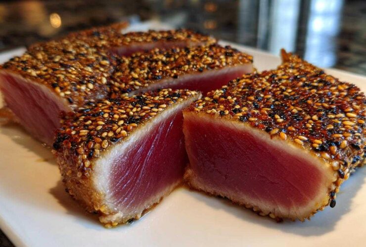 Cross-section view of perfectly seared ahi tuna coated in a sesame seed crust, showing a rare, deep red center.