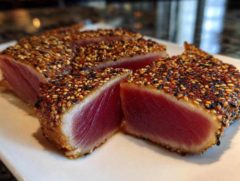Cross-section view of perfectly seared ahi tuna coated in a sesame seed crust, showing a rare, deep red center.