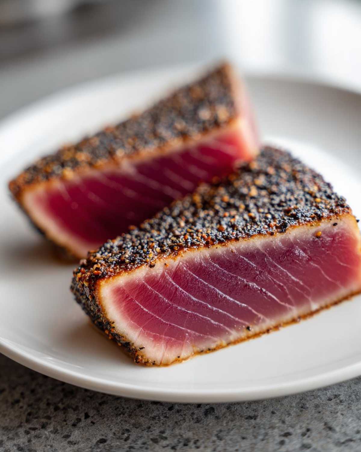 Two slices of perfectly seared, pepper-crusted Tuna Steaks showing a vibrant red center.