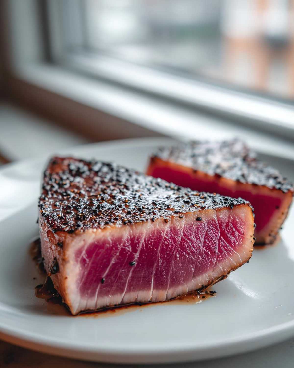 Two slices of rare, sesame-crusted tuna steak showing a vibrant pink interior on a white plate.