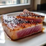 Two thick slices of perfectly seared tuna steak, rare in the center, topped with a dark, shiny glaze.