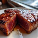 Close-up of a thick, seared tuna steak, cut in half to show the rare interior, coated in a shiny MARINADE FOR TUNA STEAK glaze.