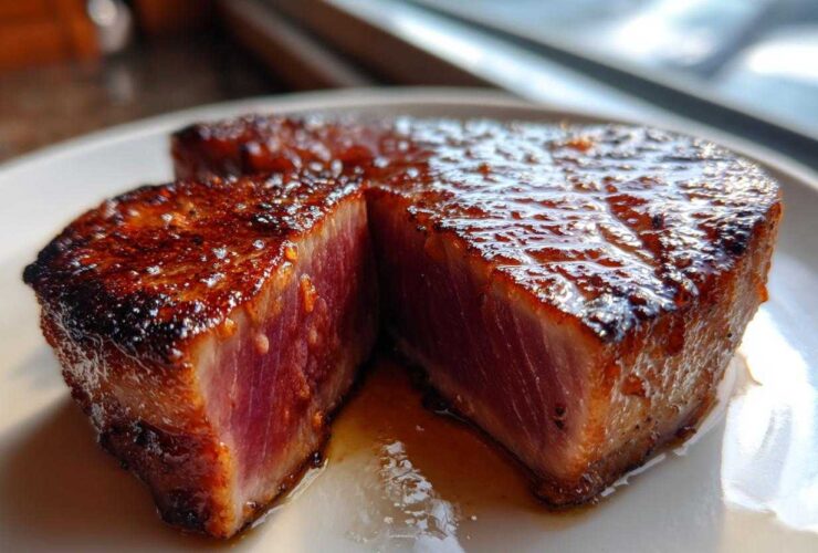 Close-up of a thick, seared tuna steak, cut in half to show the rare interior, coated in a shiny MARINADE FOR TUNA STEAK glaze.