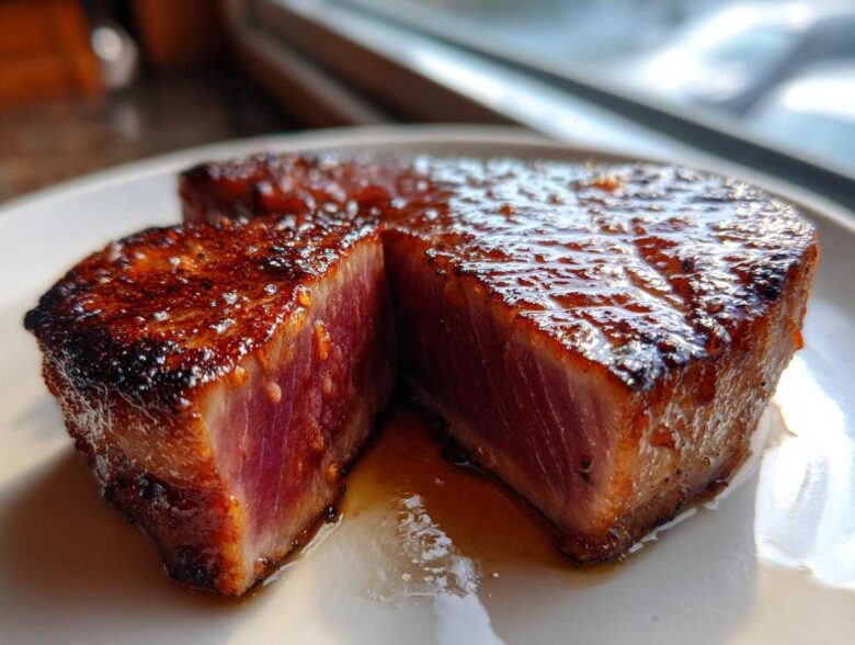 Close-up of a thick, seared tuna steak, cut in half to show the rare interior, coated in a shiny MARINADE FOR TUNA STEAK glaze.