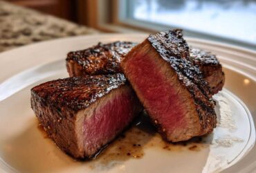 Close-up of perfectly seared, thick-cut tuna steak pieces showing a bright pink, rare interior.
