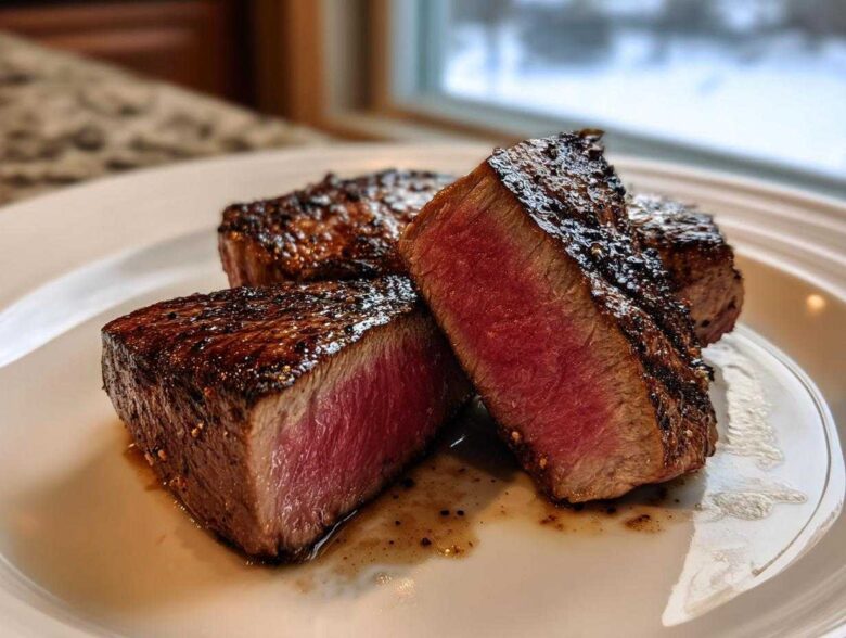 Close-up of perfectly seared, thick-cut tuna steak pieces showing a bright pink, rare interior.