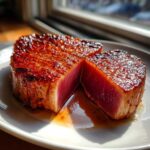 Close-up of a perfectly seared tuna steak, cut to show rare center, glazed with a delicious MARINADE FOR TUNA STEAK.