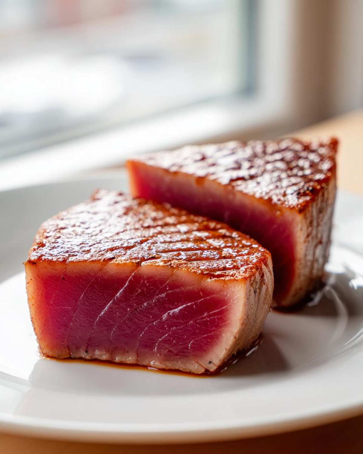 Two thick, perfectly seared tuna steak portions showing a deep red, rare center after using the MARINADE FOR TUNA STEAK recipe.