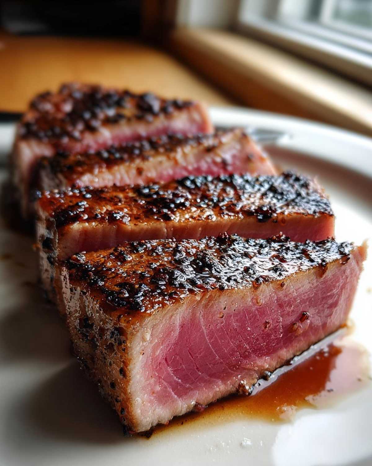 Close-up of three slices of perfectly seared tuna steak, showing a dark crust and vibrant pink, rare center.
