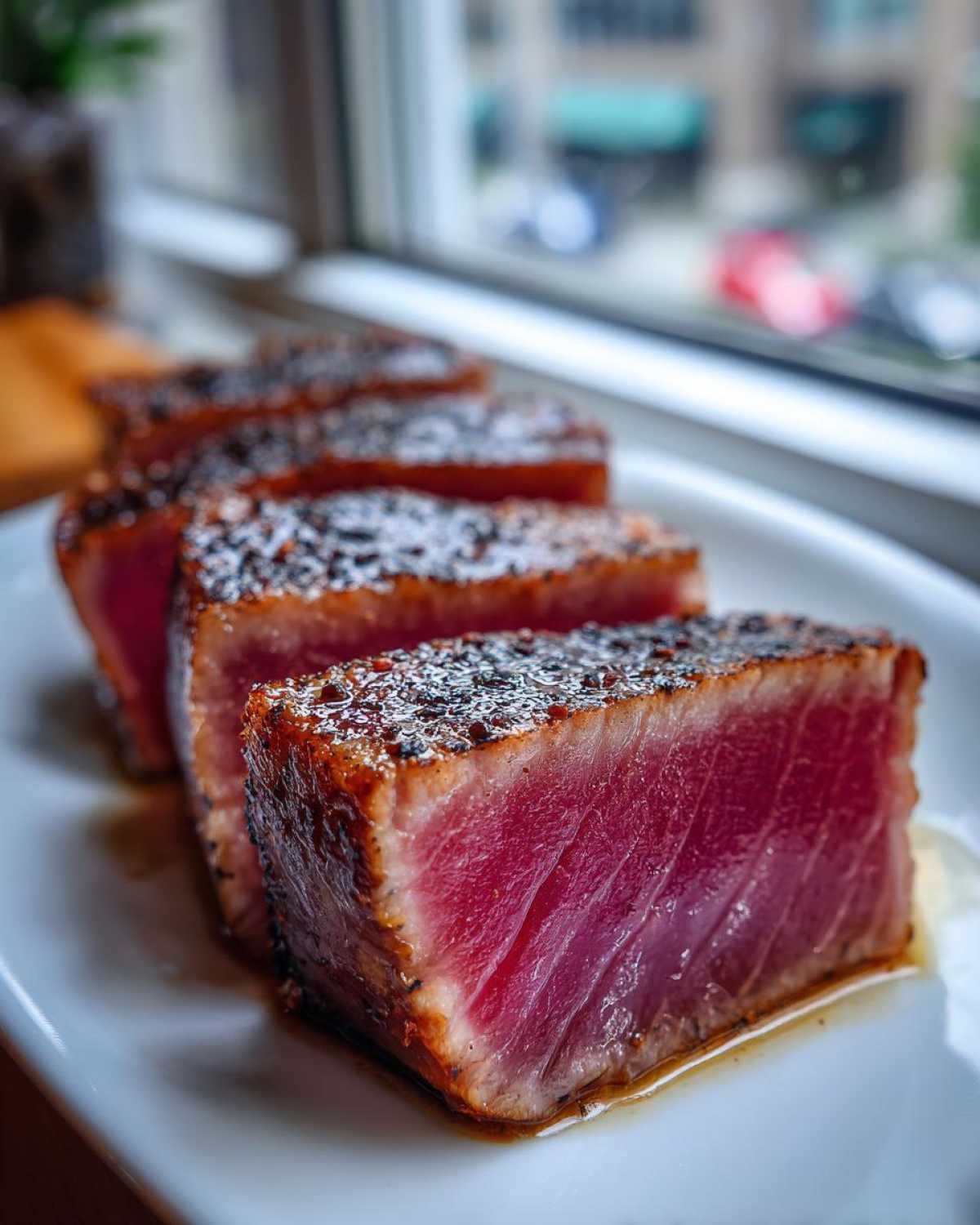Four thick slices of perfectly seared tuna steak, showing a bright red center and dark crust, resting on a white plate.