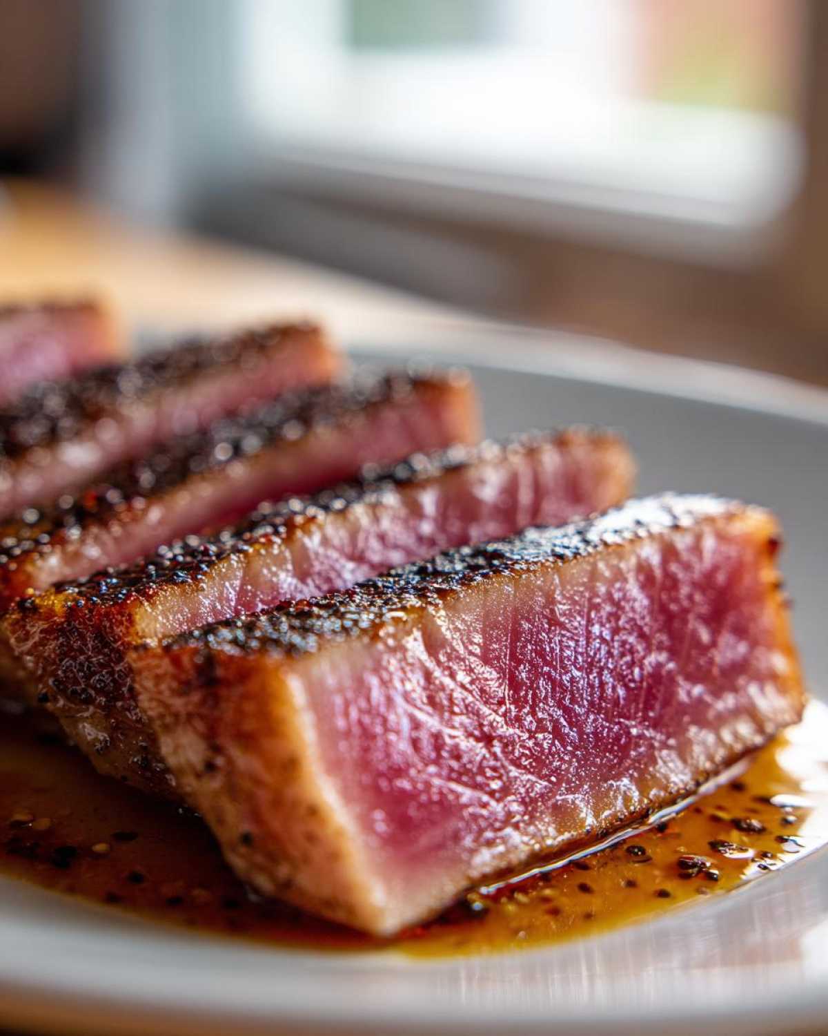 Close-up of perfectly seared, rare tuna steak slices coated in black pepper resting in a savory sauce.