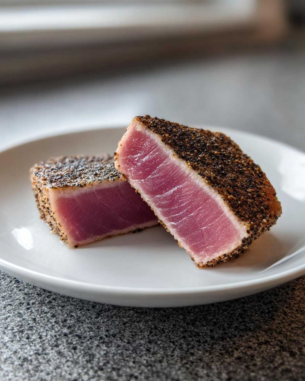 Two perfectly seared Tuna Steaks, cut in half to show the rare, pink center and dark pepper crust.