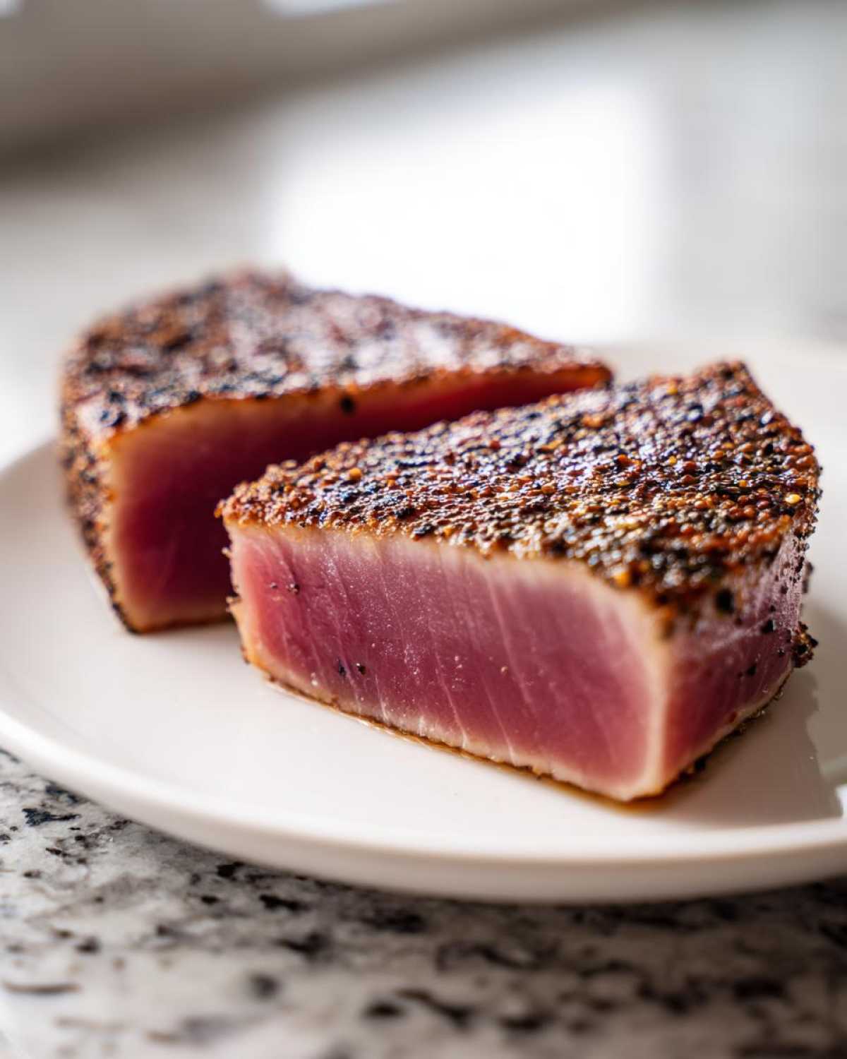 Two perfectly seared Tuna Steaks, sliced to show the bright pink, medium-rare center and dark pepper crust.
