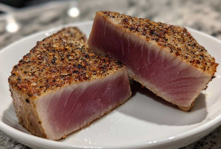 Two perfectly seared Tuna Steaks, sliced to show the rare pink center and seasoned crust.