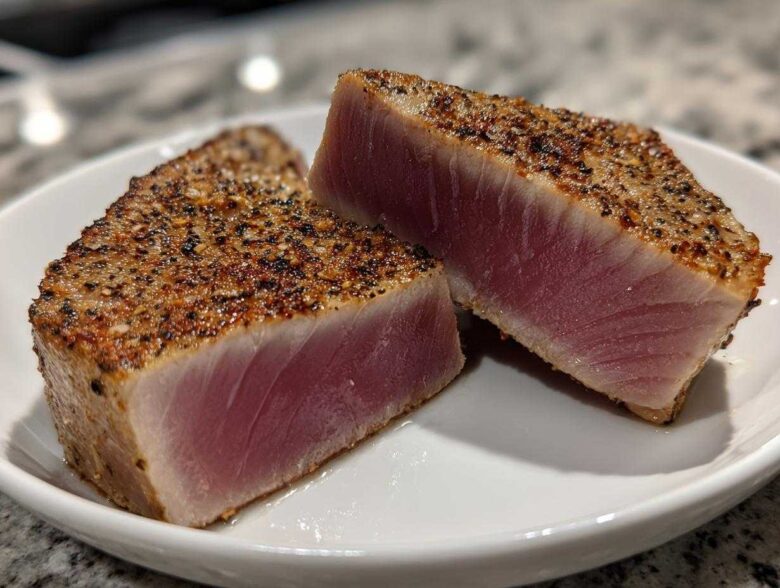 Two perfectly seared Tuna Steaks, sliced to show the rare pink center and seasoned crust.