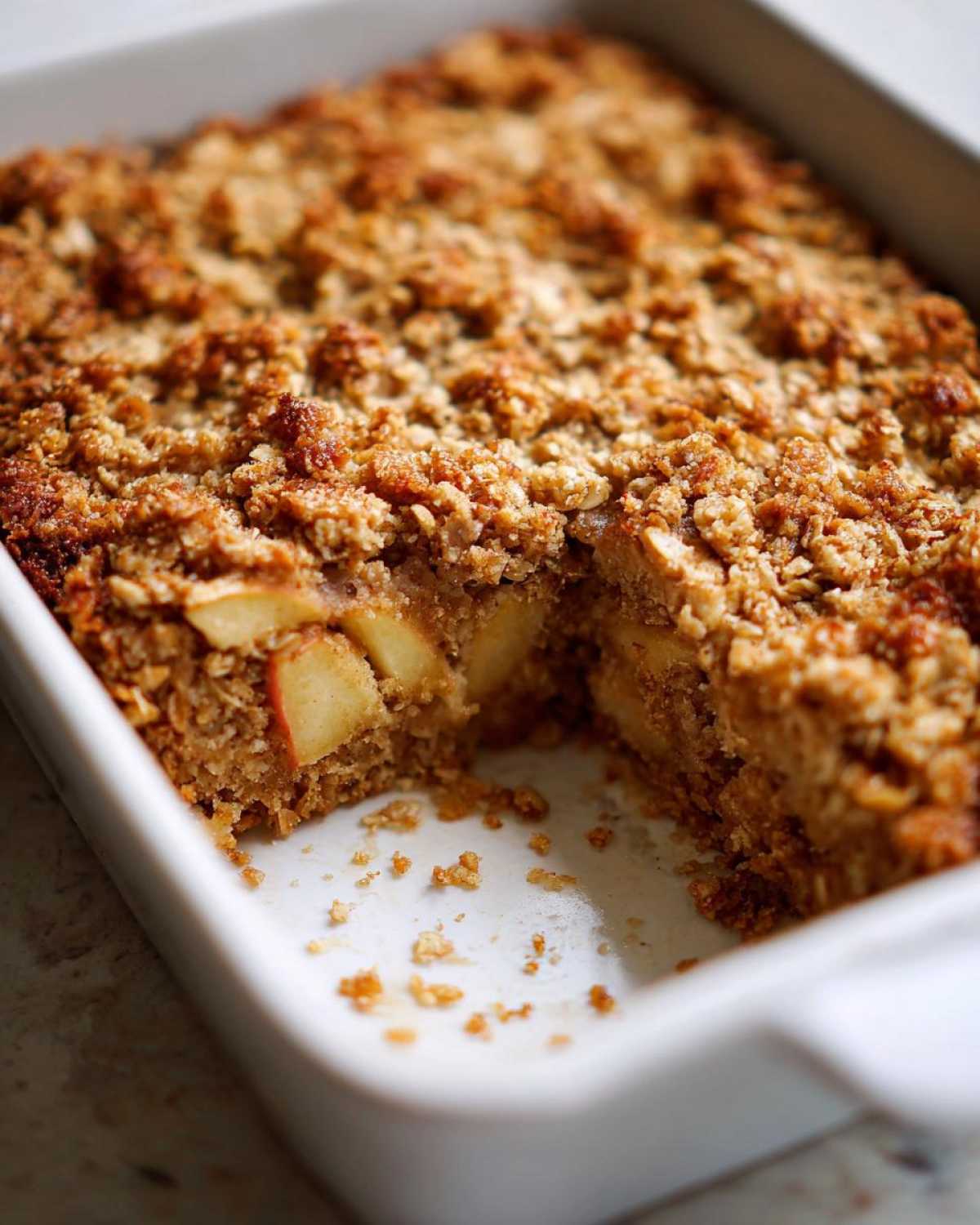 A close-up of freshly baked oatmeal with chunks of apple visible beneath a golden, crunchy oat topping in a white baking dish.