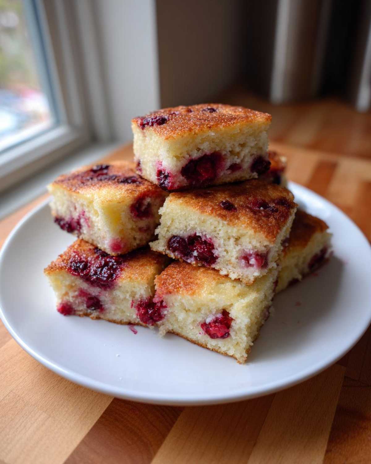 Stack of five square servings of berry sheet pan pancakes on a white plate.