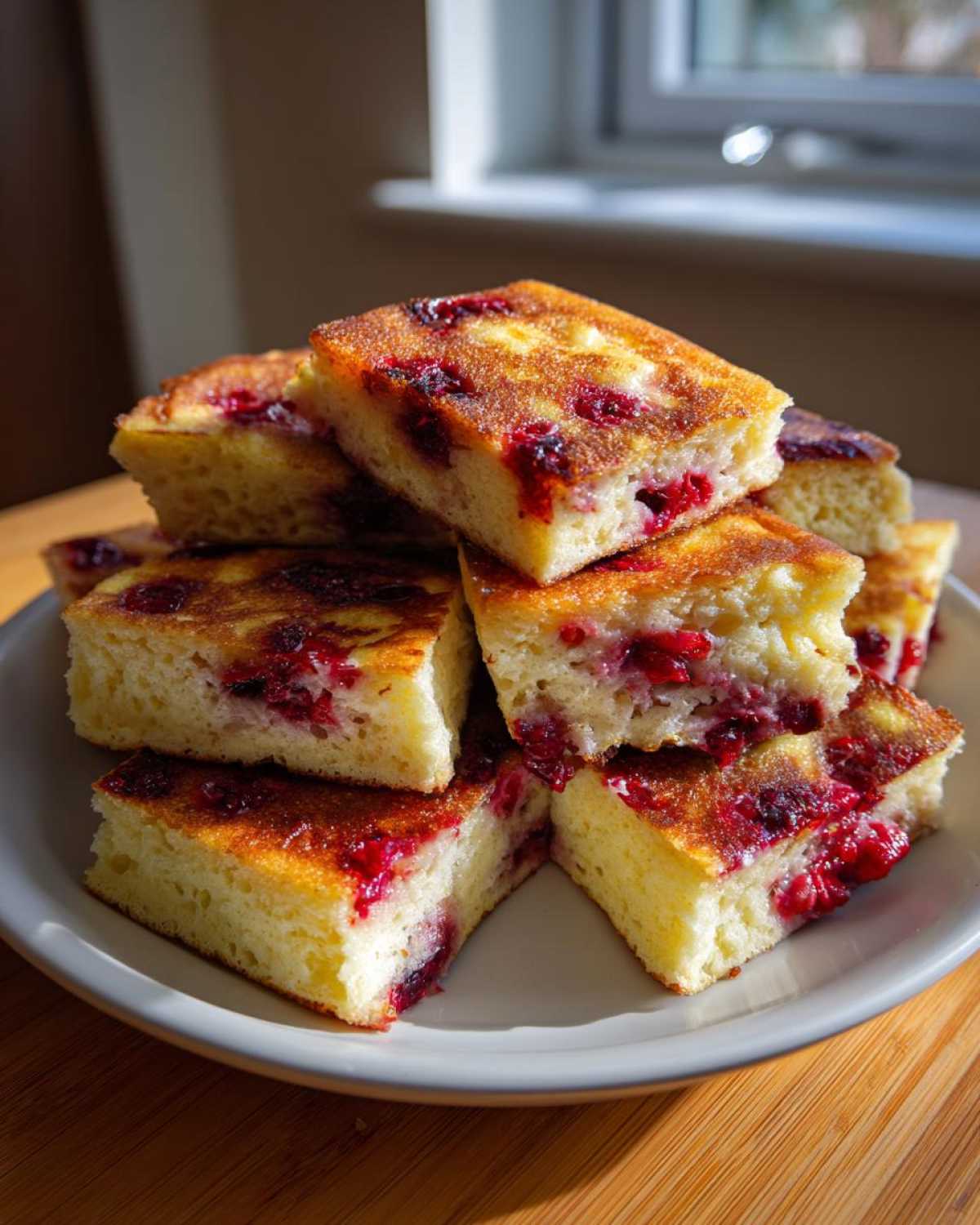 A stack of square, fluffy sheet pan pancakes loaded with bright red berries, served on a white plate.