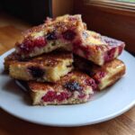 A stack of golden brown sheet pan pancakes squares filled with raspberries and blackberries.