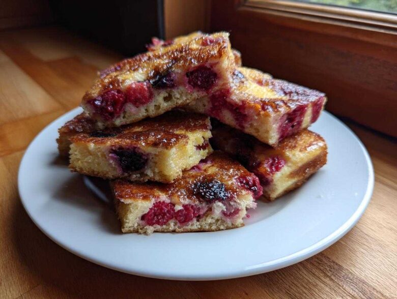 A stack of golden brown sheet pan pancakes squares filled with raspberries and blackberries.