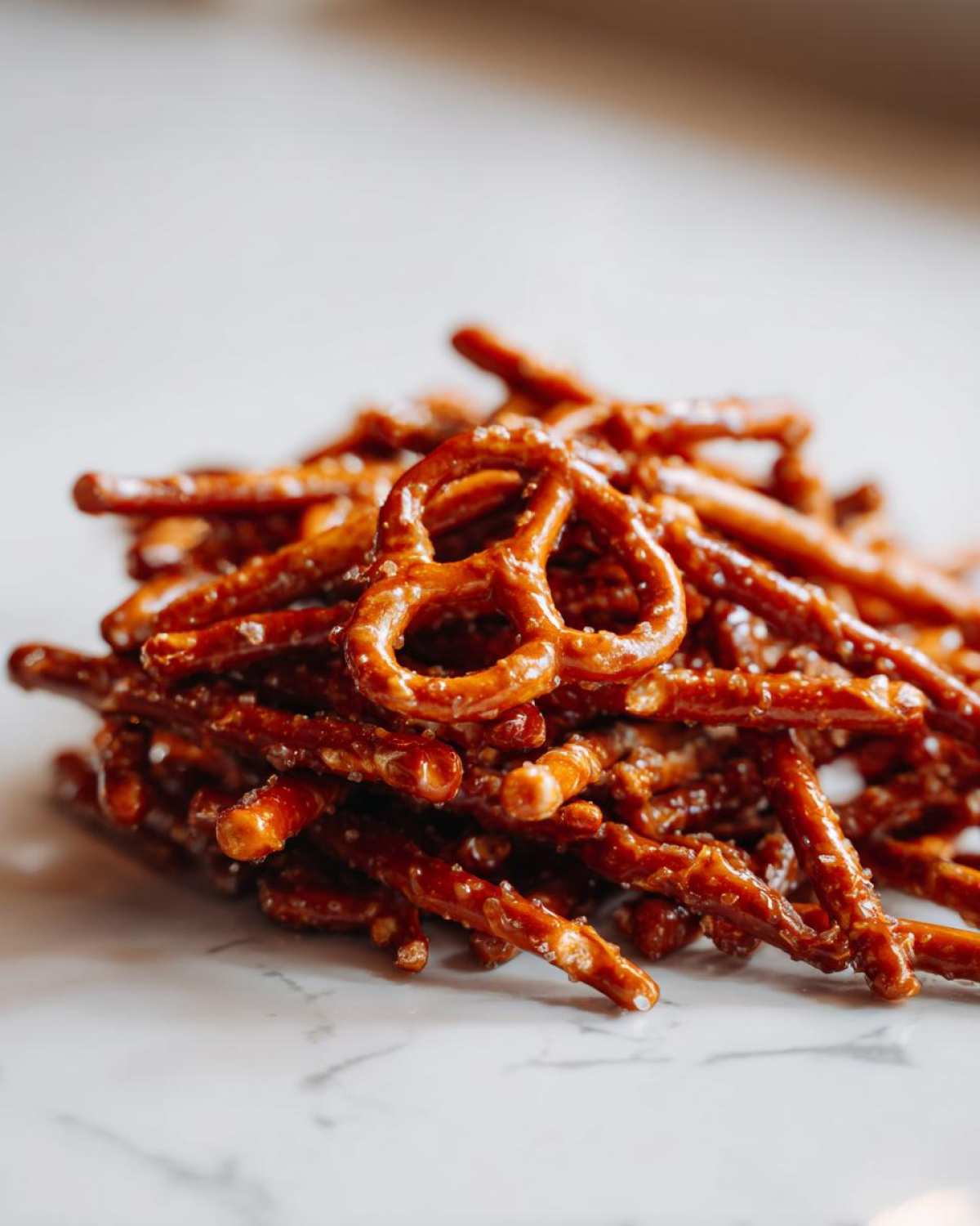 A close-up shot of a pile of shiny, glazed toffee pretzels resting on a white marble surface.