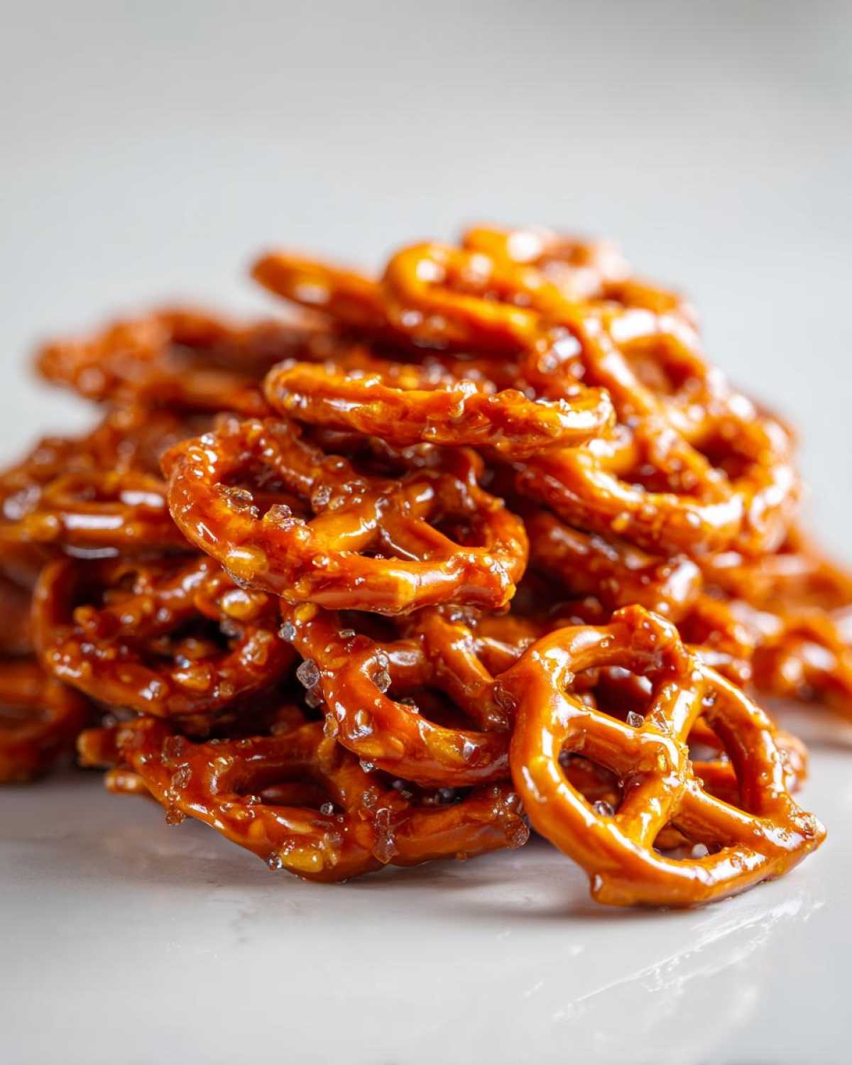 Close-up of a pile of shiny, glazed toffee pretzels sprinkled with coarse sugar crystals.