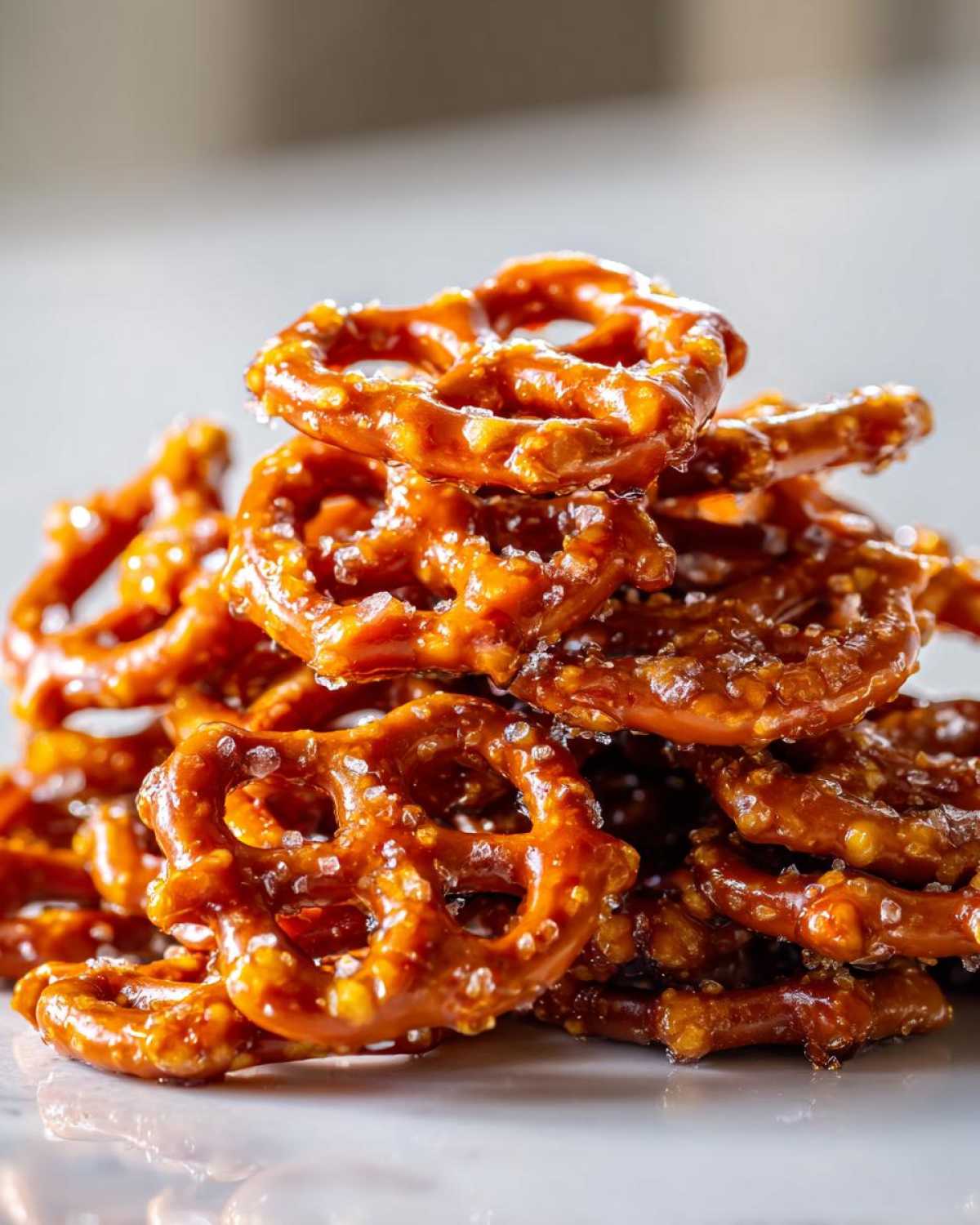 A close-up stack of homemade toffee pretzels coated in a glossy caramel glaze and sprinkled with coarse salt.