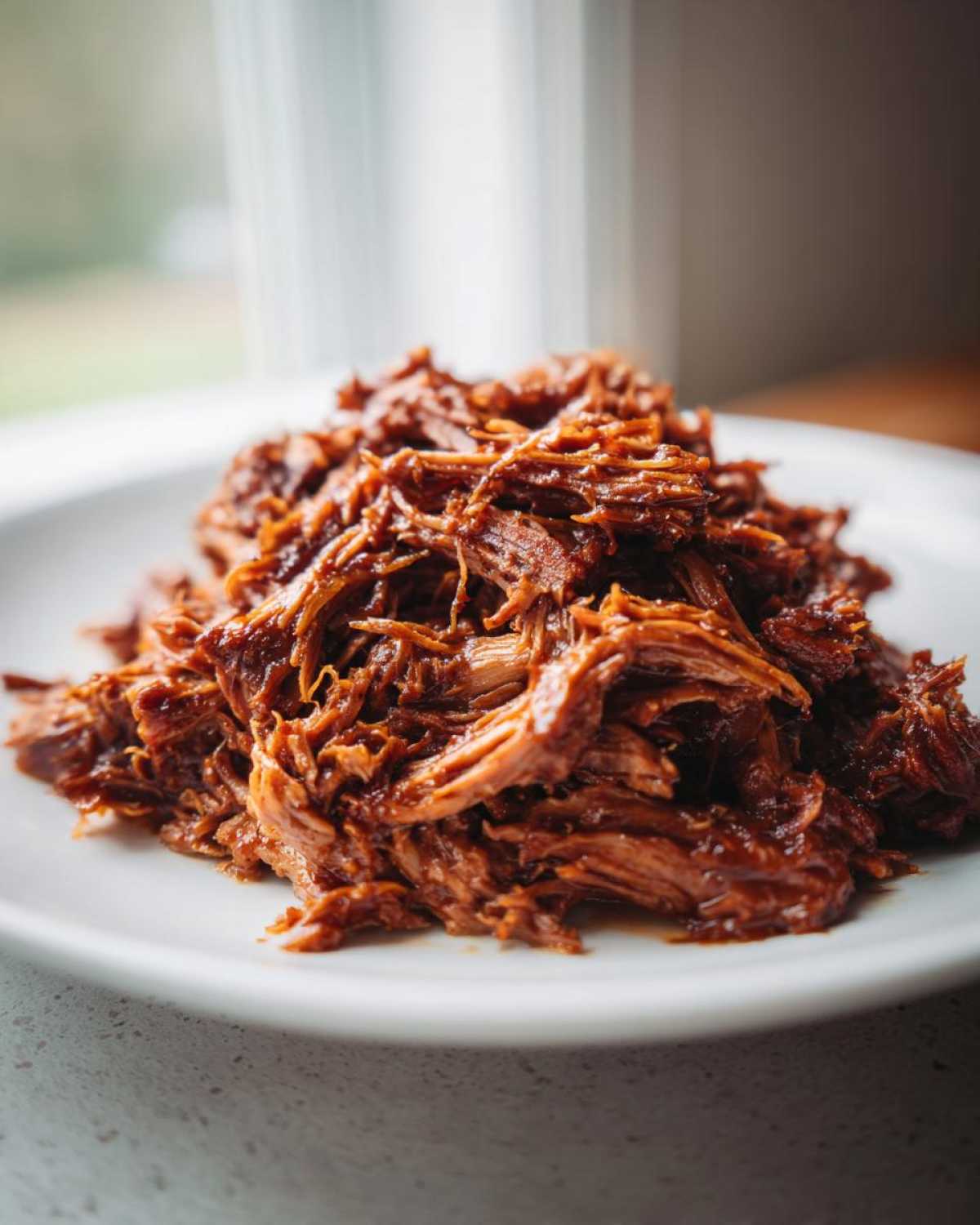 A close-up of perfectly shredded, saucy crock pot pulled pork piled high on a white plate.