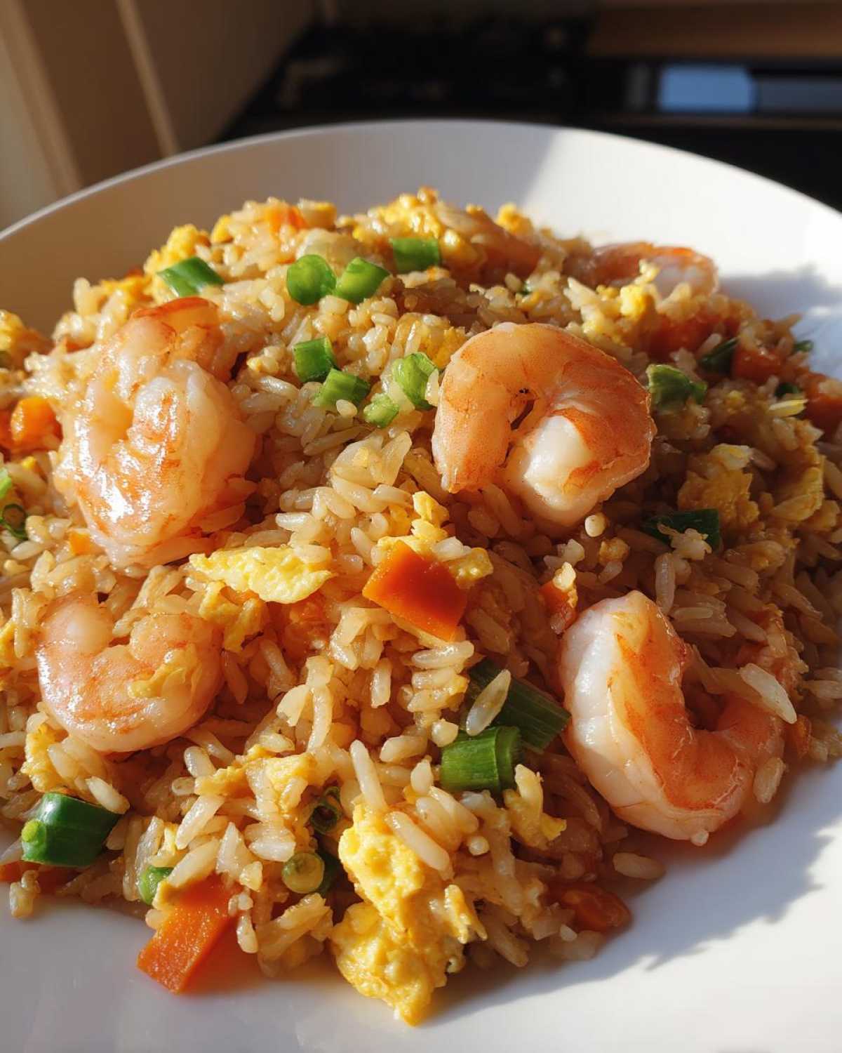 Close-up of delicious shrimp fried rice featuring plump shrimp, scrambled egg, carrots, and green onions.