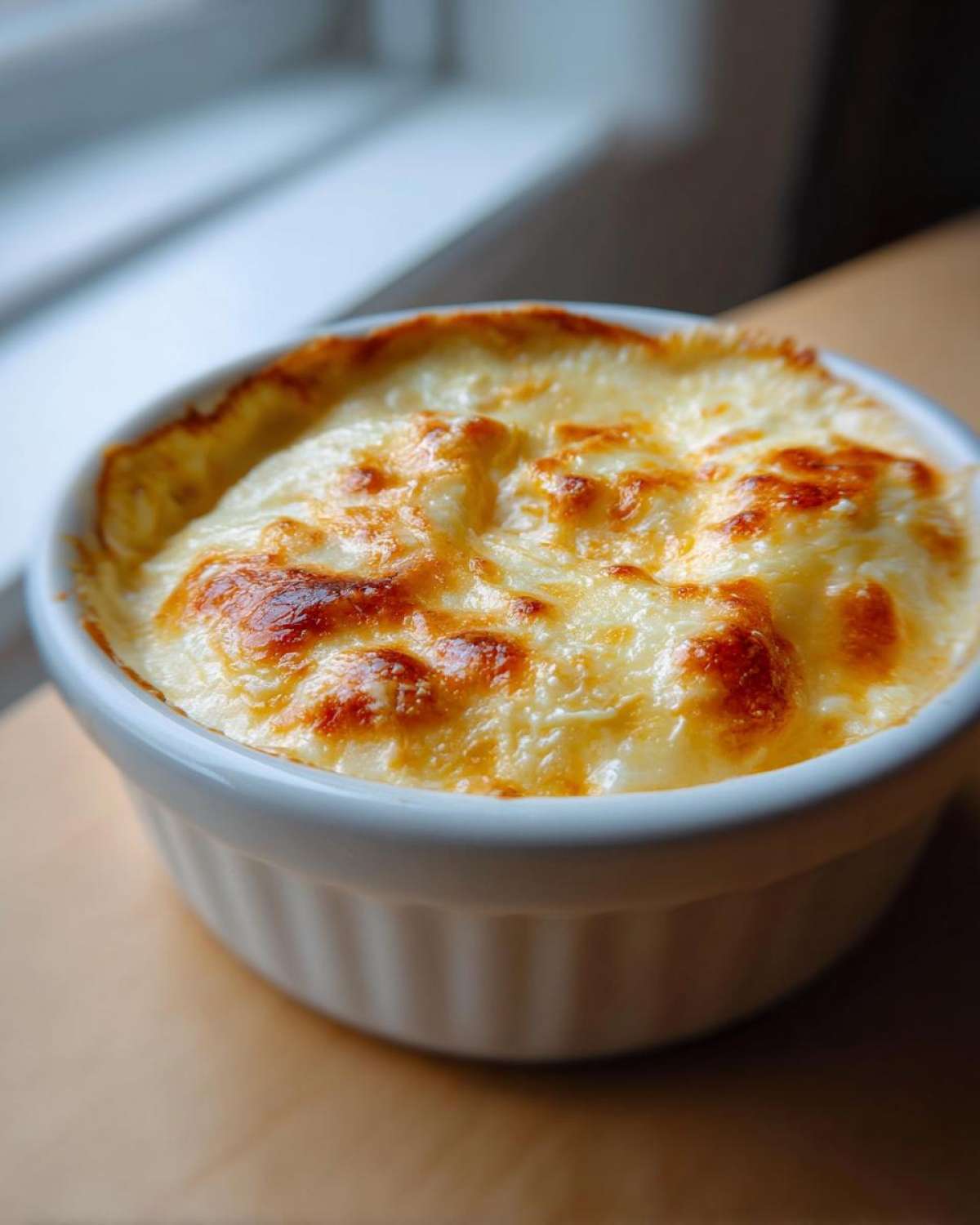 Close-up of a bubbling, baked beer cheese dip with a golden-brown crust in a white ramekin.