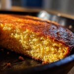 A close-up, golden-brown slice of moist skillet cornbread showing its crumb texture inside a black cast iron pan.